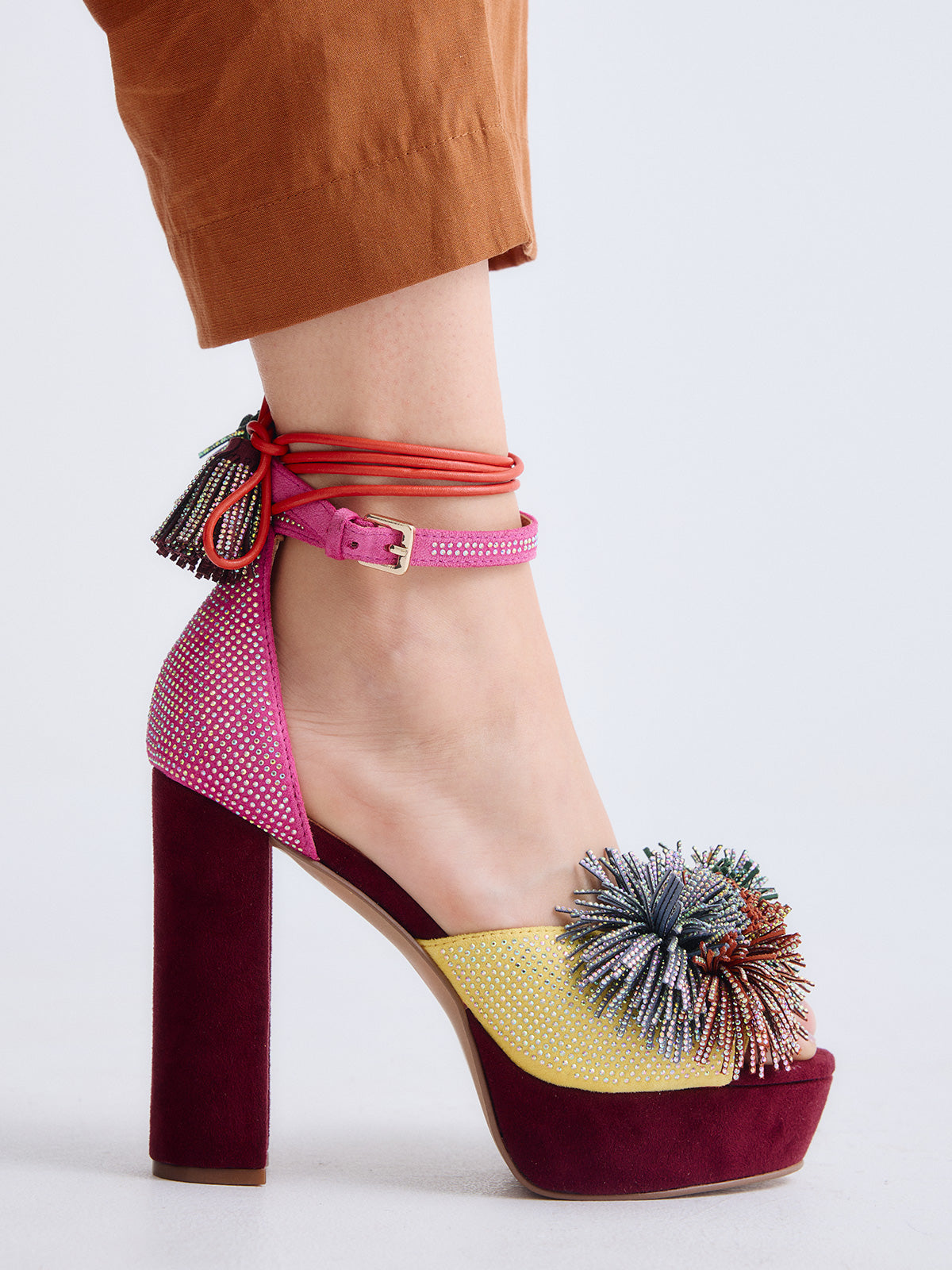 EXE SANDAL HEEL OPHELIA-925 FABRIC PINK YELLOW – Exé Shoes