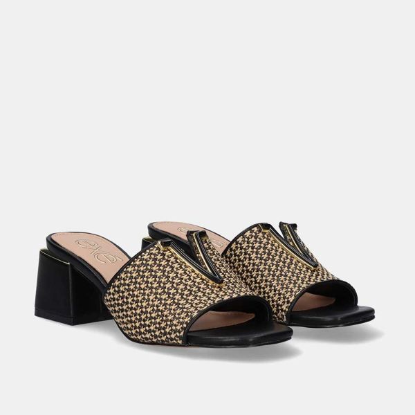 WIDE HEEL SANDAL CARMEN-160 RAFFIA BLACK BEIGE